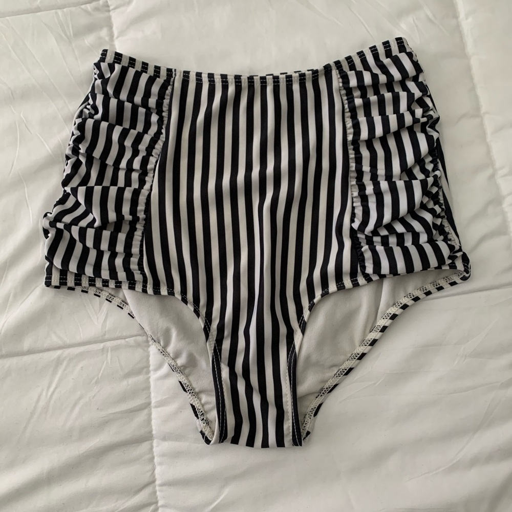 Black and white stripe, high waist swim bottoms.